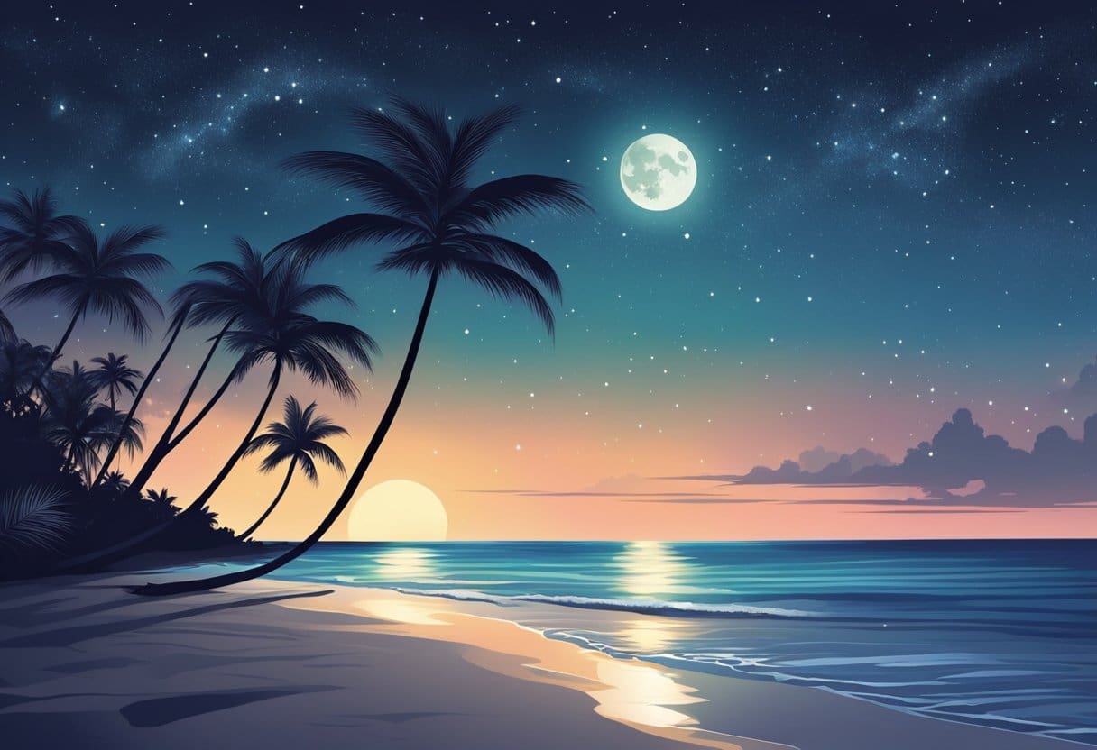 The moonlit beach of Akumal, palm trees silhouetted against the night sky, waves gently lapping the shore, and a canopy of stars twinkling above