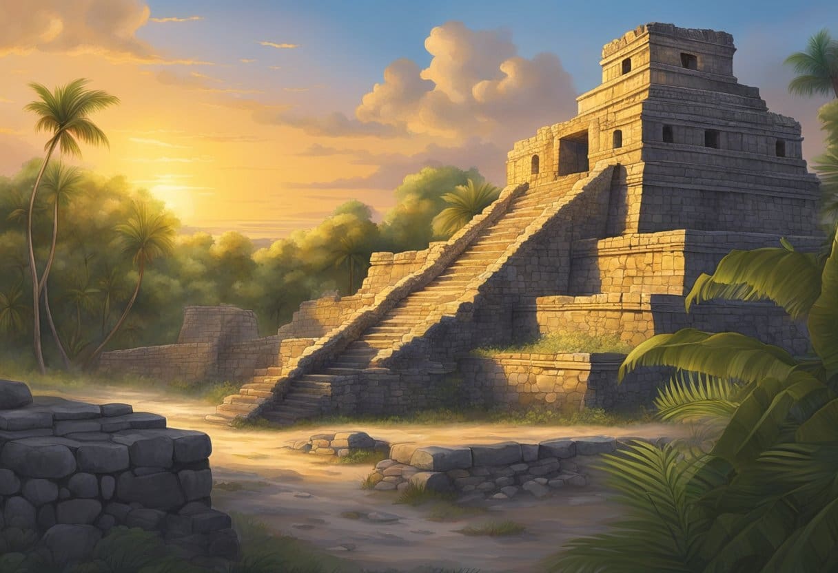 The sun rises over the ancient ruins of Akumal, casting a warm glow on the weathered stone structures. A sense of mystery and history fills the air as the first excavations begin