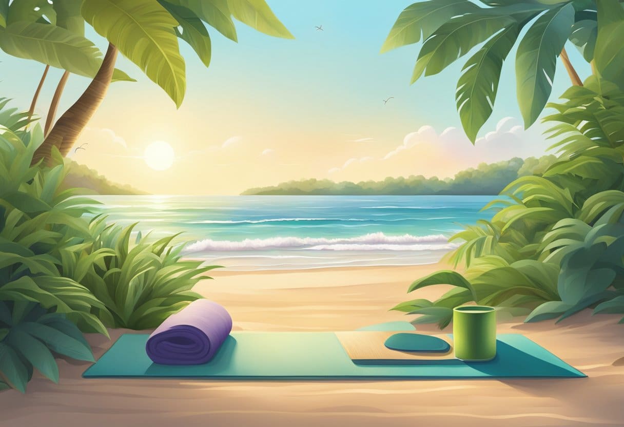 A tranquil beach setting with a yoga mat, surrounded by lush greenery and calming ocean waves